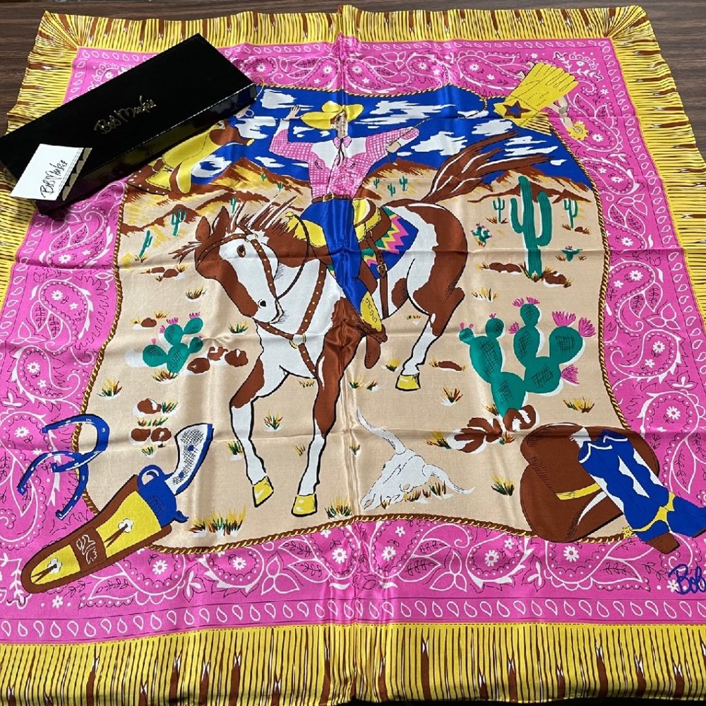 NWT Bob Mackie Bronco Billy 100% Silk Scarf + black gift box BRAND NEW